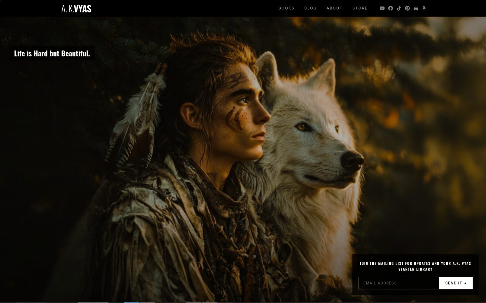 Homepage of akvyas.com, with the tagline 'Life is Hard but Beautiful' and the author's four works
